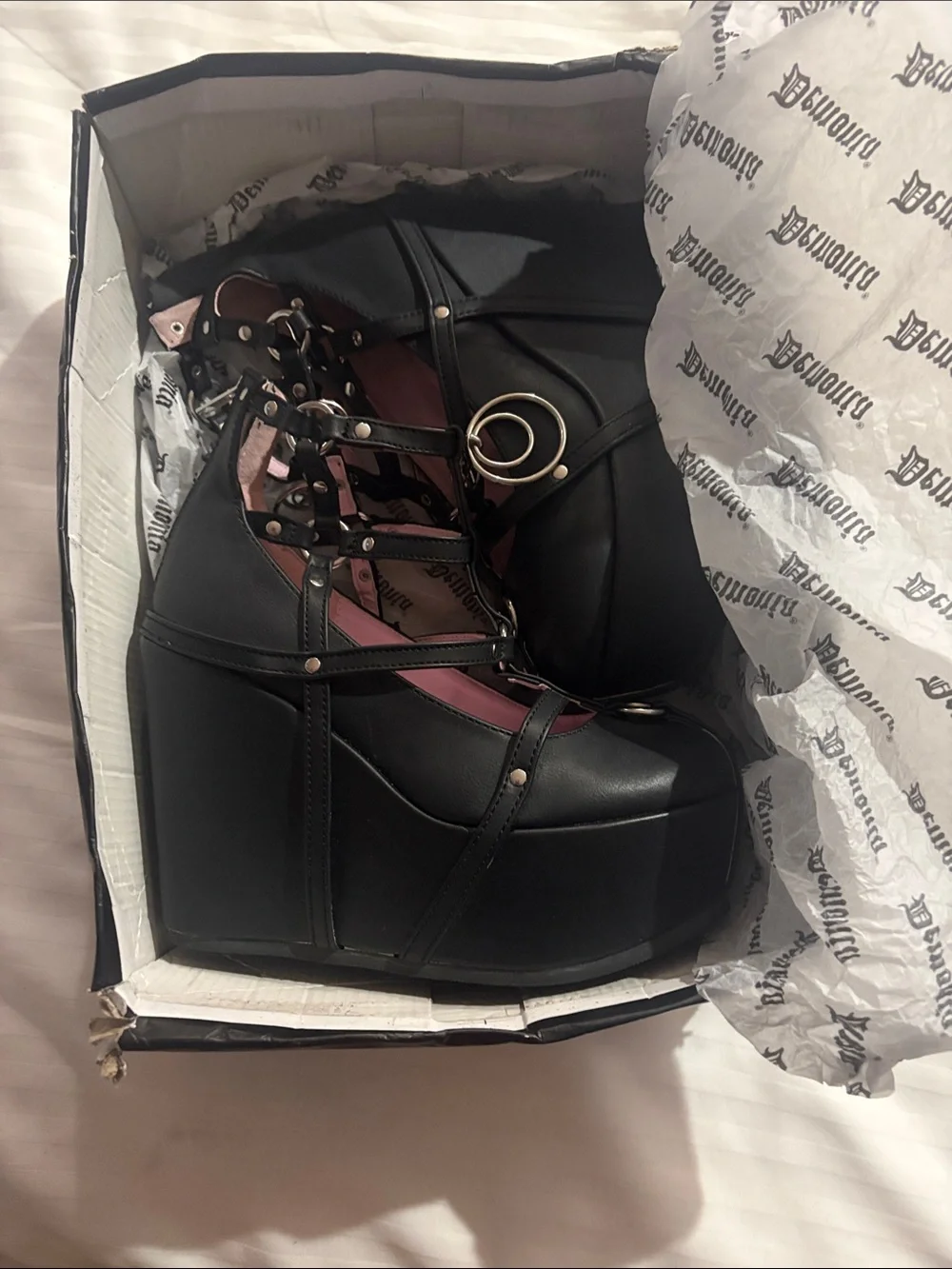 Demonia Black Strappy Platform Wedge Pumps